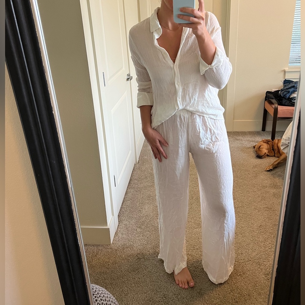 Nasty Gal Linen Crinkle Shirt and Wide Leg Pants Set